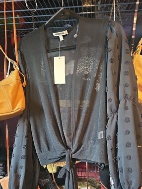 Amber Skirs Black Tie-Front Women’s Sweater with Textured Puff Sleeves